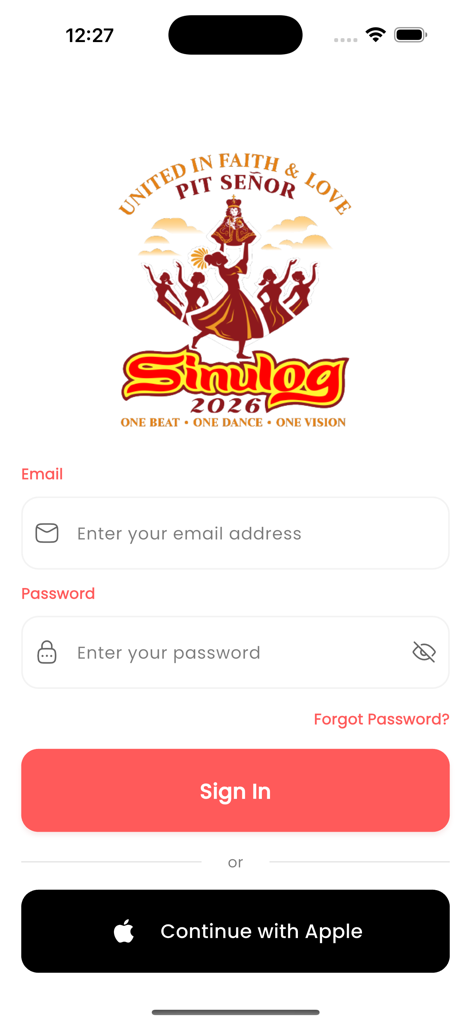 Sinulog Festival - Login screen for the Sinulog Festival app