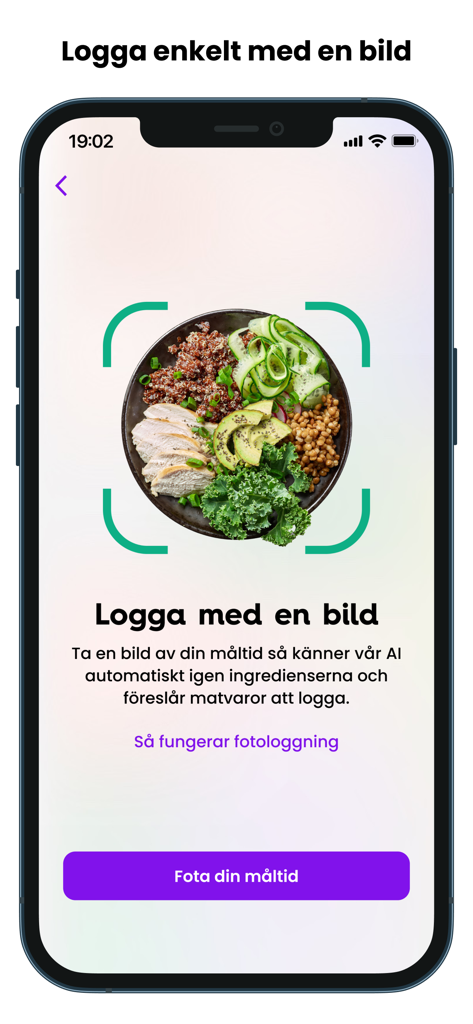 Wellobe - Wellobe mobile app screen showing the AI feature for logging meals by taking a photo of food