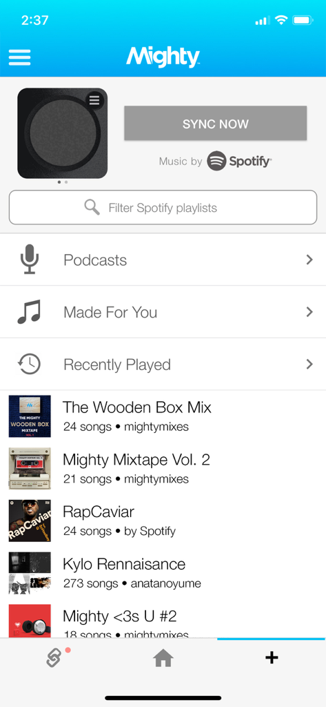 Mighty Audio - Mighty Audio app interface showing Spotify playlist selection and the sync now button