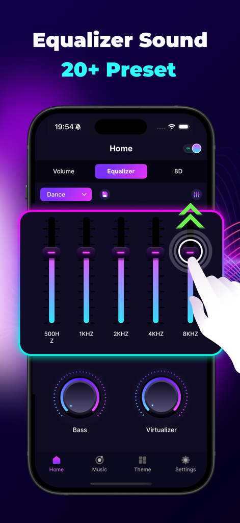 Volume Booster & EQ Amplifier - A mobile app interface displaying a five-band equalizer with a hand adjusting the frequency sliders and knobs for bass and virtualizer.