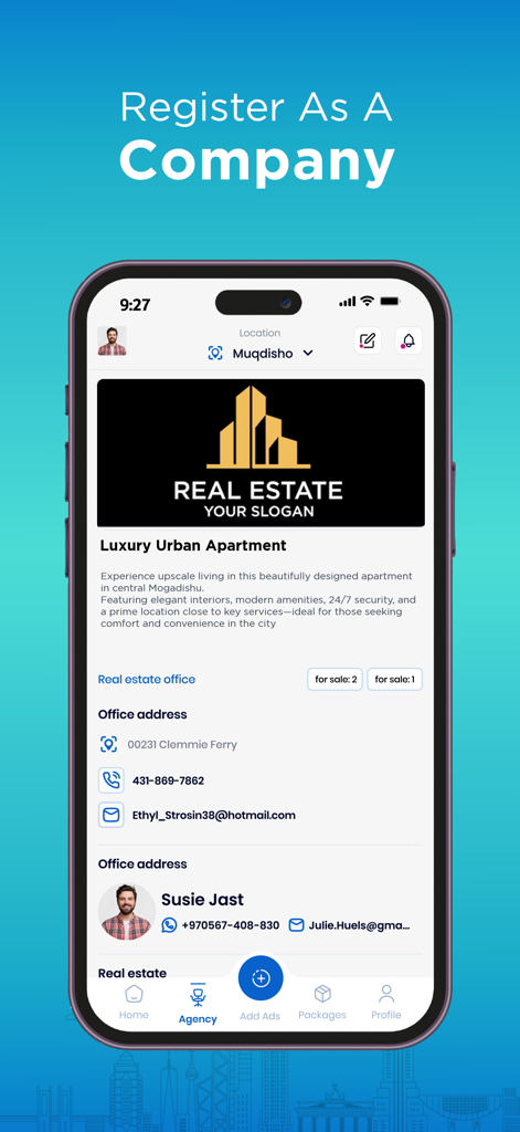 Homekey Finder の不動産会社プロフィールと高級都市アパートのリスティングが表示されたモバイル アプリ画面。