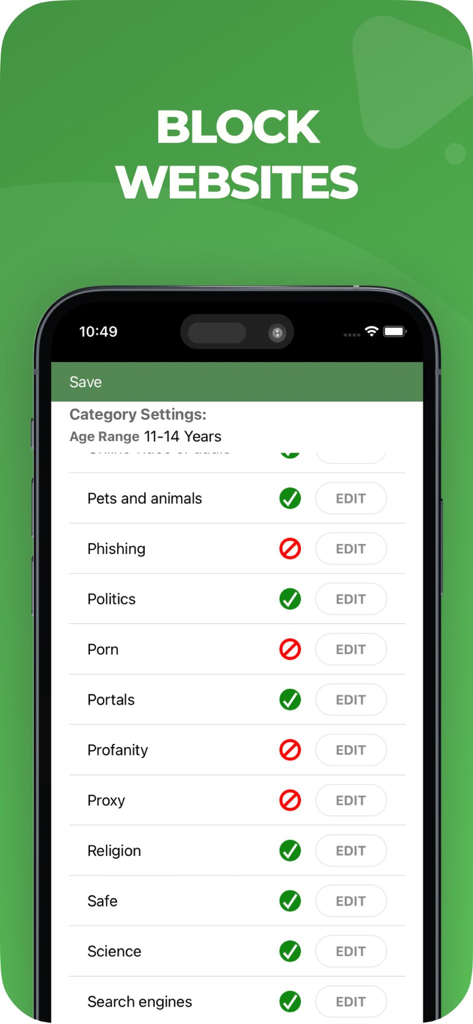 MMGuardian Parental Control - Interface de l'application MMGuardian montrant les paramètres de blocage de catégories de sites web pour les parents