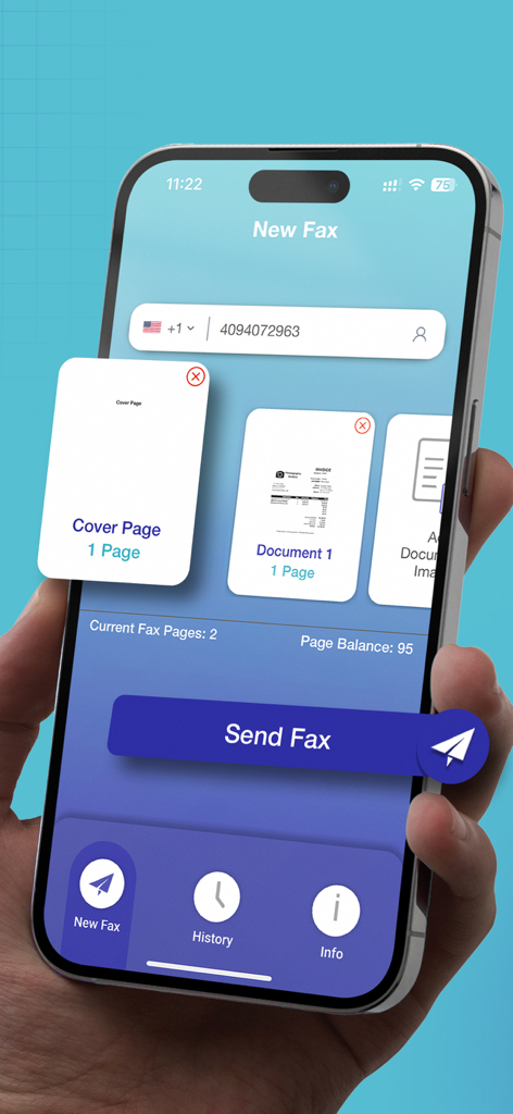 Fax from iPhone: Send Fax Easy - カバーページとドキュメントサムネイルを含む、新しいファックス送信用のFaxSwiftアプリインターフェースを表示しているiPhoneを手にした画像。