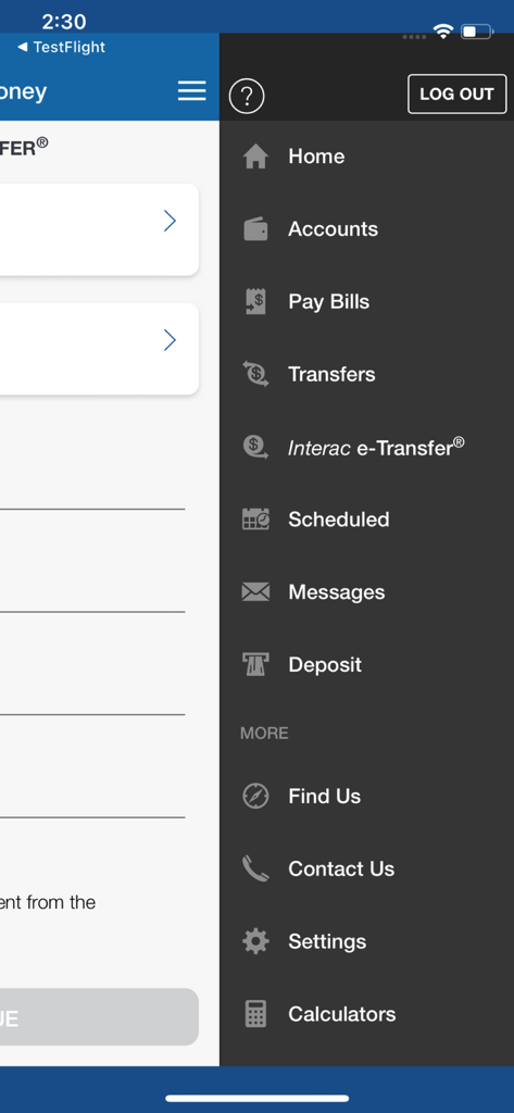 Your Credit Union Mobile App - Side navigation menu of Your Credit Union mobile app showing banking features like Pay Bills and Interac e-Transfer.