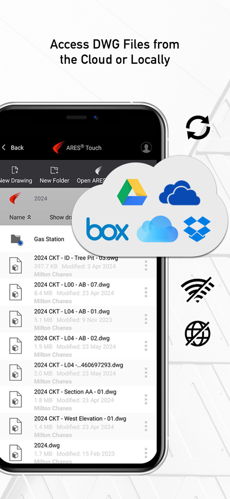 ARES Touch: DWG Viewer & CAD - Pantalla de smartphone que muestra la aplicación CAD ARES Touch con una lista de archivos DWG e iconos de almacenamiento en la nube, incluyendo Google Drive, Dropbox y Box para acceso sin conexión.