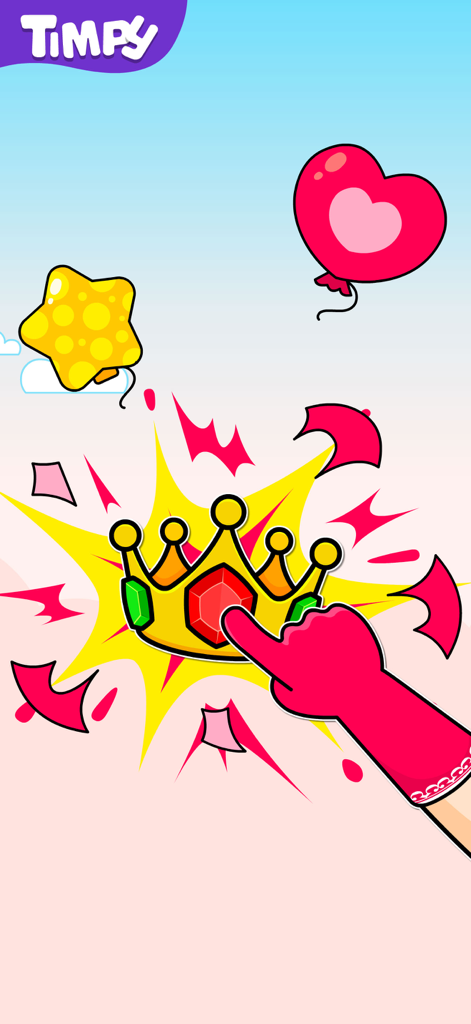 Games for 3 Year Old Girls - A cartoon hand popping a crown shaped balloon in a princess preschool game