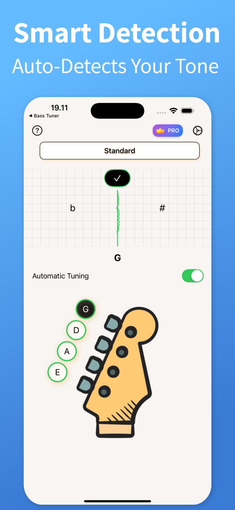 Bass Tuner - TuneGuide - Interfaz de la aplicación Bass Tuner con detección inteligente de tono y afinación automática para bajo eléctrico.