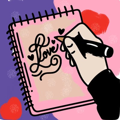 a hand writing “love” in calligraphy on a notebook