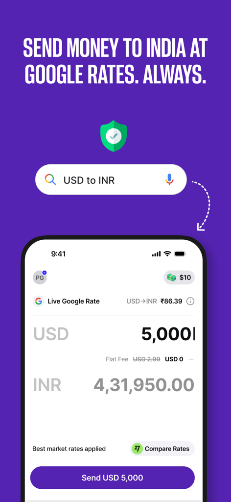 Smartphone-Bildschirm, der die Aspora-App zeigt, die USD zu INR zum Live-Google-Kurs überweist