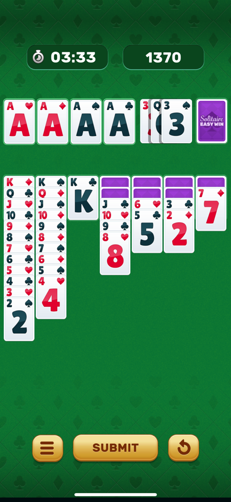 EasyWin: Solitaire & Real cash - Interface do jogo de cartas EasyWin Solitaire com pontuação e cronômetro