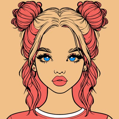 realistic girl with two buns in hair and lips