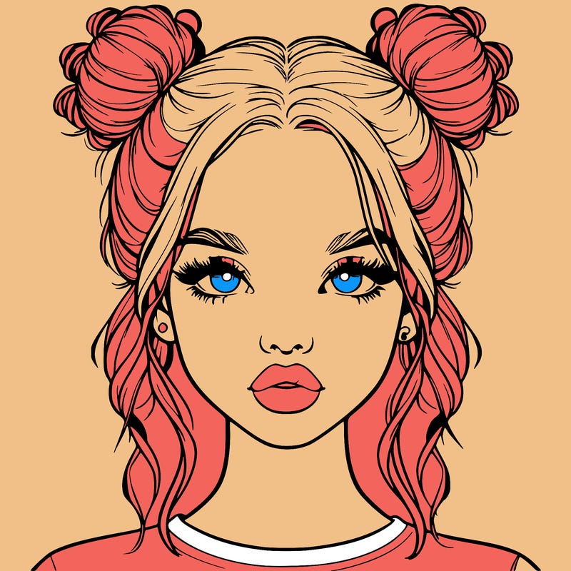 realistic girl with two buns in hair and lips