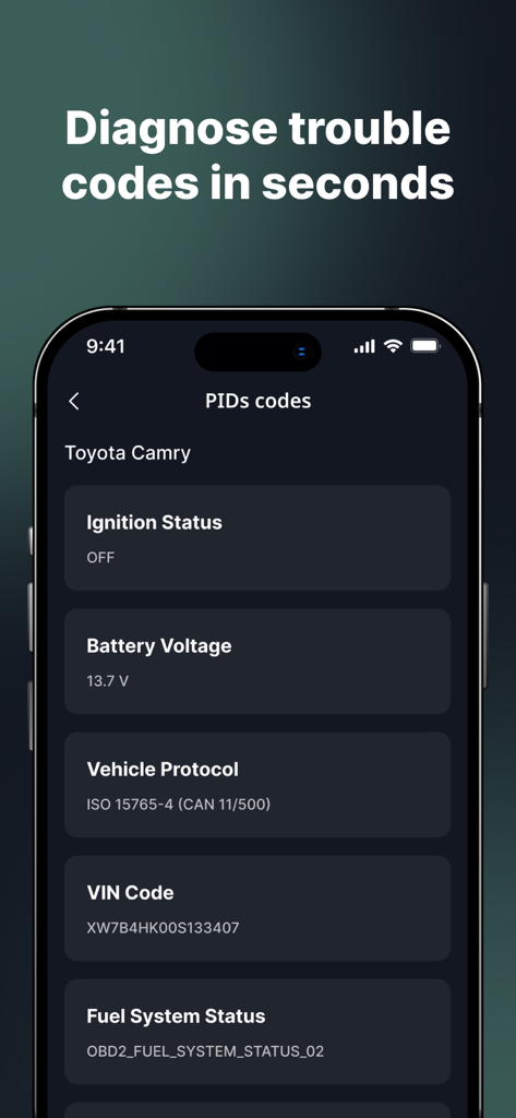 Car Scanner OBD2 Torque Pro - Car Scanner OBD2 app screen showing real time vehicle PID data like battery voltage and VIN for a Toyota Camry