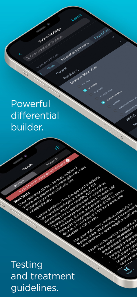 VisualDx - Dos pantallas de teléfonos inteligentes que muestran la aplicación VisualDx con un creador de diagnósticos diferenciales y pautas de pruebas clínicas