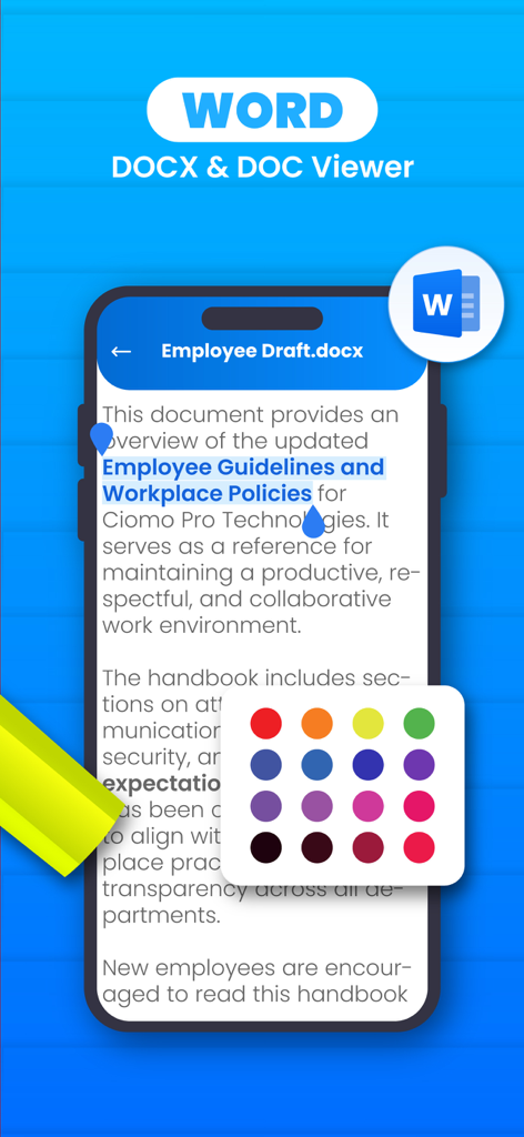 All PDF Reader - PDF Viewer - Visor de documentos de Word con resaltados de color en un dispositivo móvil.