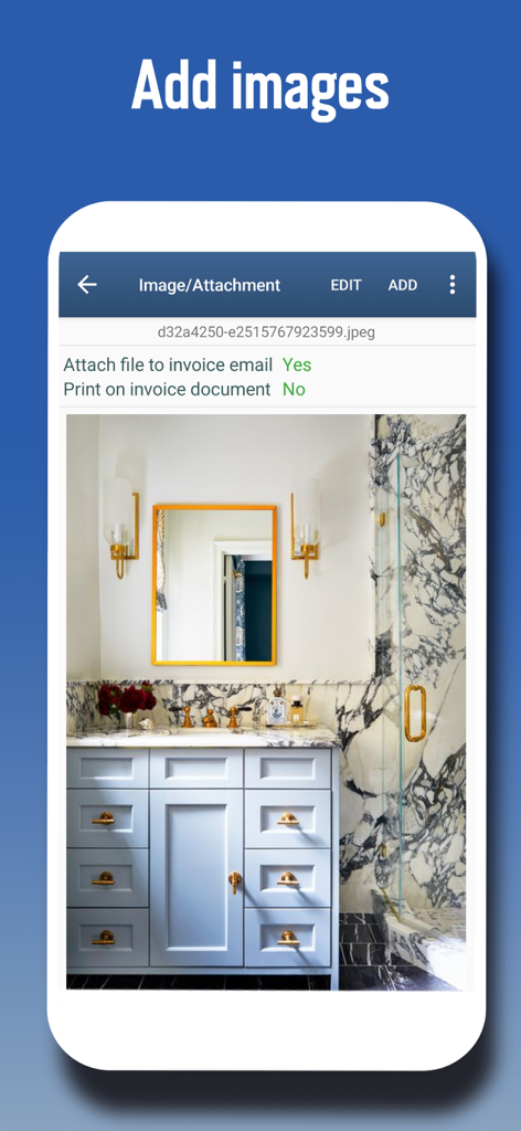 Interfaz de la aplicación SpeedInvoice mostrando una foto de renovación de baño adjunta a una factura.