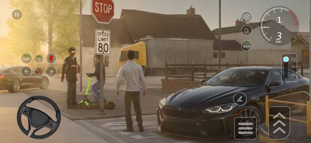 Car Driving 2026 : School Game - Juego de Car Driving 2026 School Game que muestra un coche de lujo negro en una calle de la ciudad con un oficial de policía y señales de tráfico