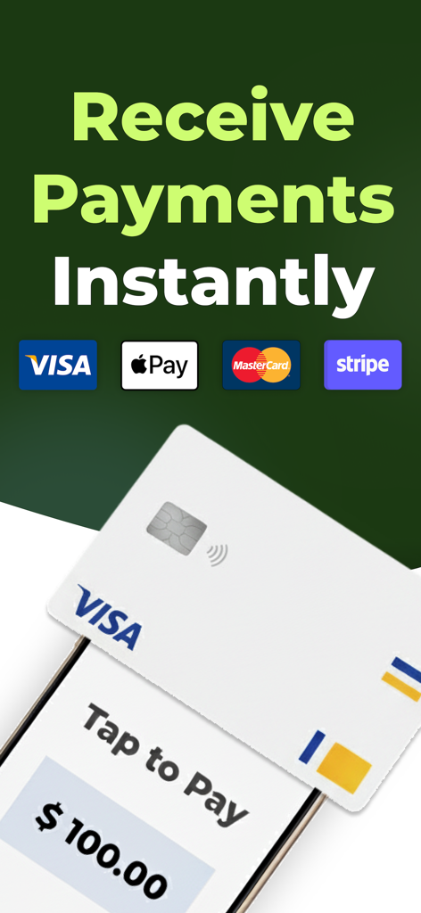 Mobile app interface showing tap to pay feature with support for Visa Apple Pay and Stripe