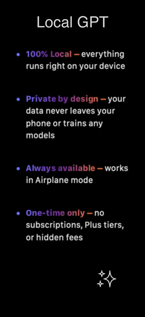 Local A.I. - List of Local AI app features emphasizing privacy offline access and one time purchase