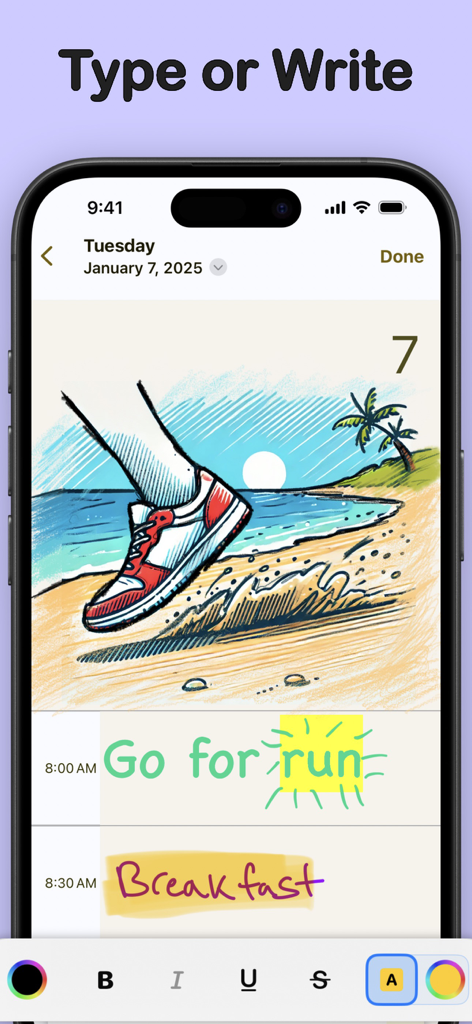 CalenDraw: Calendar Notes - CalenDraw 앱에서 손글씨 메모와 일일 캘린더 일정에 해변 그림을 보여줍니다.