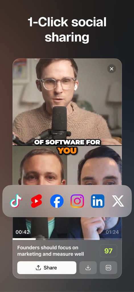 Interface do aplicativo móvel OpusClip mostrando o recurso de compartilhamento social com um clique com ícones para TikTok, YouTube, Facebook e Instagram