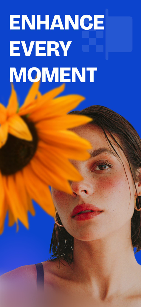 Schermata dell'app Artguru AI Photo Enhancer con una donna dietro un girasole e il testo 'Enhance Every Moment'