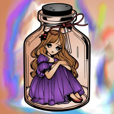 beautiful realistic girl trapped in bottle
