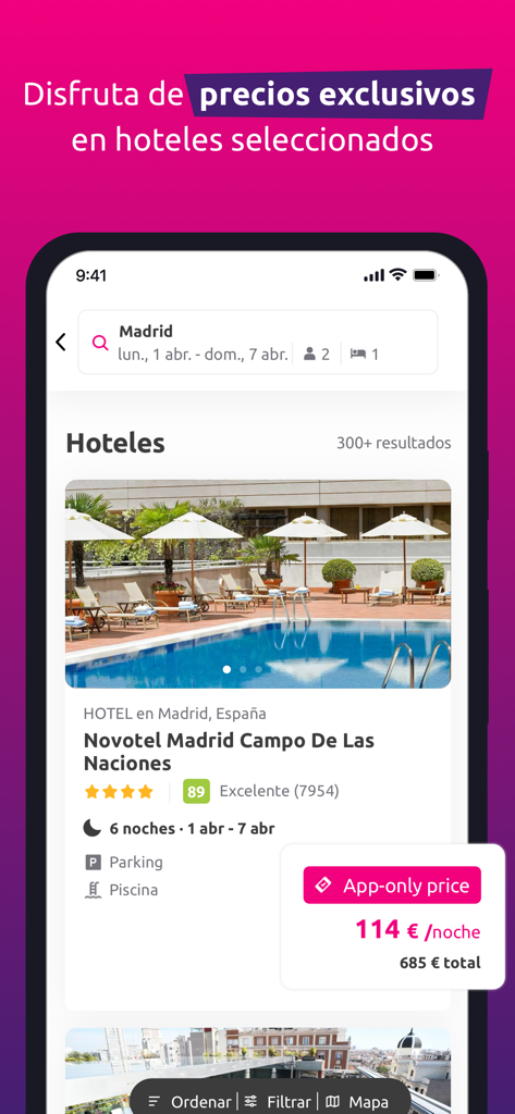 Smartphone screen displaying the Rumbo app with exclusive hotel prices and booking options for Madrid