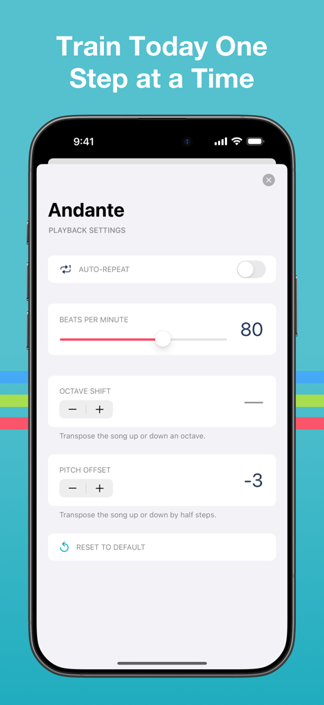 Perfect Pitch — Synesthesia - Pantalla de configuración de reproducción de la aplicación Perfect Pitch que muestra controles de ajuste de BPM y tono.