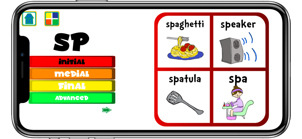 Una pantalla de aplicación de terapia del habla que muestra ejercicios de articulación para mezclas SP con palabras ilustradas como 'spaghetti' y 'speaker'.