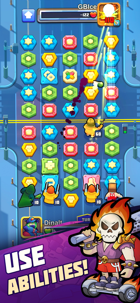 Puzzle Wars: Heroes - Gameplay-Screenshot von Puzzle Wars Heroes, der das Verbinden von Match-3-Spielsteinen und einen Heldencharakter mit einem brennenden Schädel zeigt, der Spezialfähigkeiten einsetzt.