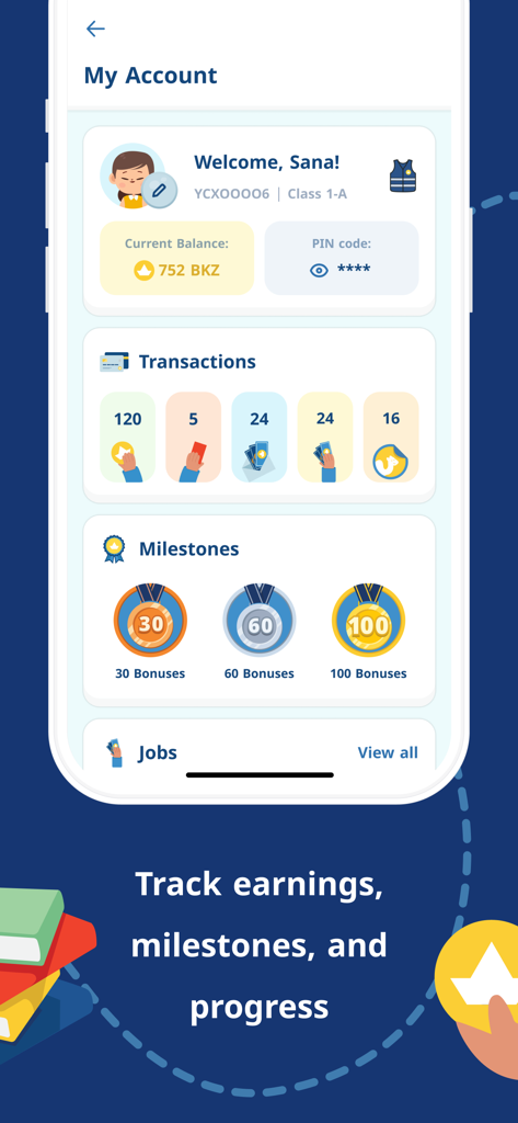 Bankee - Bankee app student account screen showing balance transactions and milestone badges