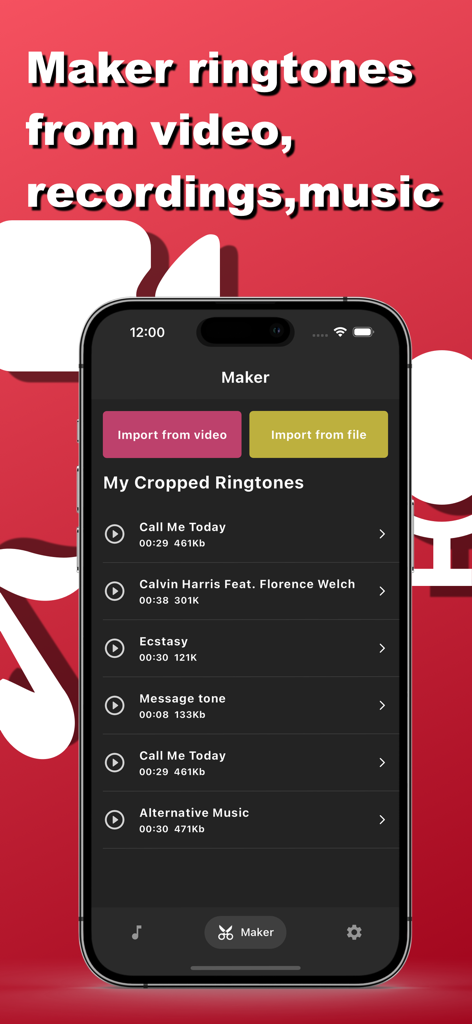 Maker Ringtones app interface on iPhone showing options to import audio from video or files.