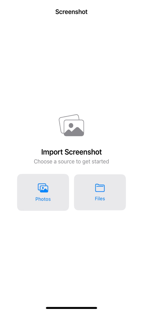 La pantalla de importación inicial de la aplicación ScreenshotResize con botones para elegir imágenes de la biblioteca de Fotos o de la aplicación Archivos.