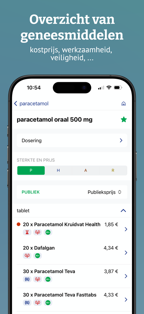 A mobile interface of the BCFI app displaying an overview of paracetamol products with prices and dosages