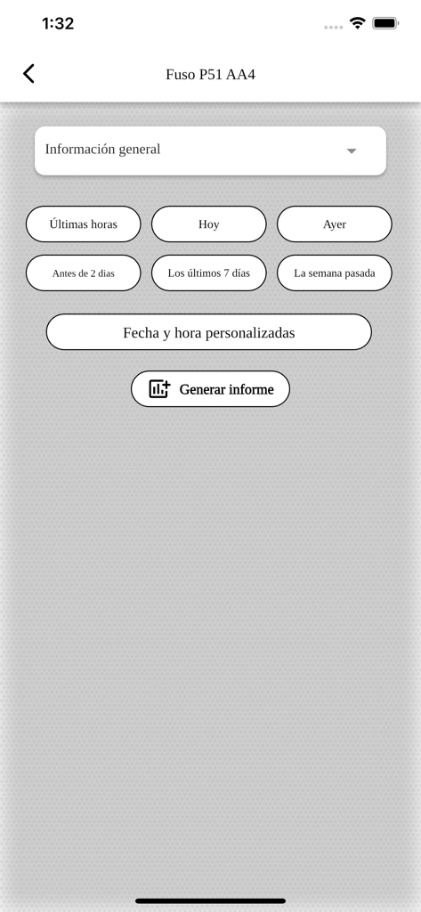 POLARIS GPS - Bildschirm zur Erstellung von Fahrzeugberichten mit Zeitauswahl-Buttons in der POLARIS GPS App.