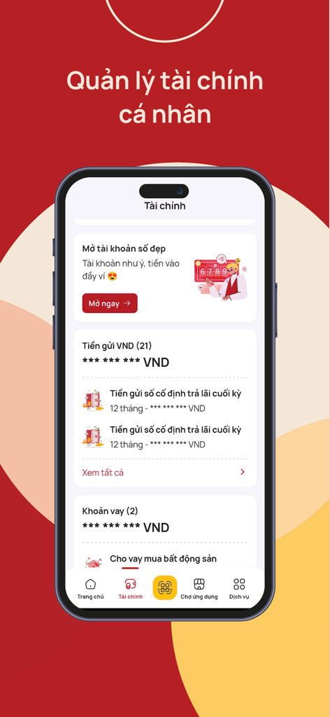 MBV Bank mobile app interface showing personal financial management with savings and loan accounts