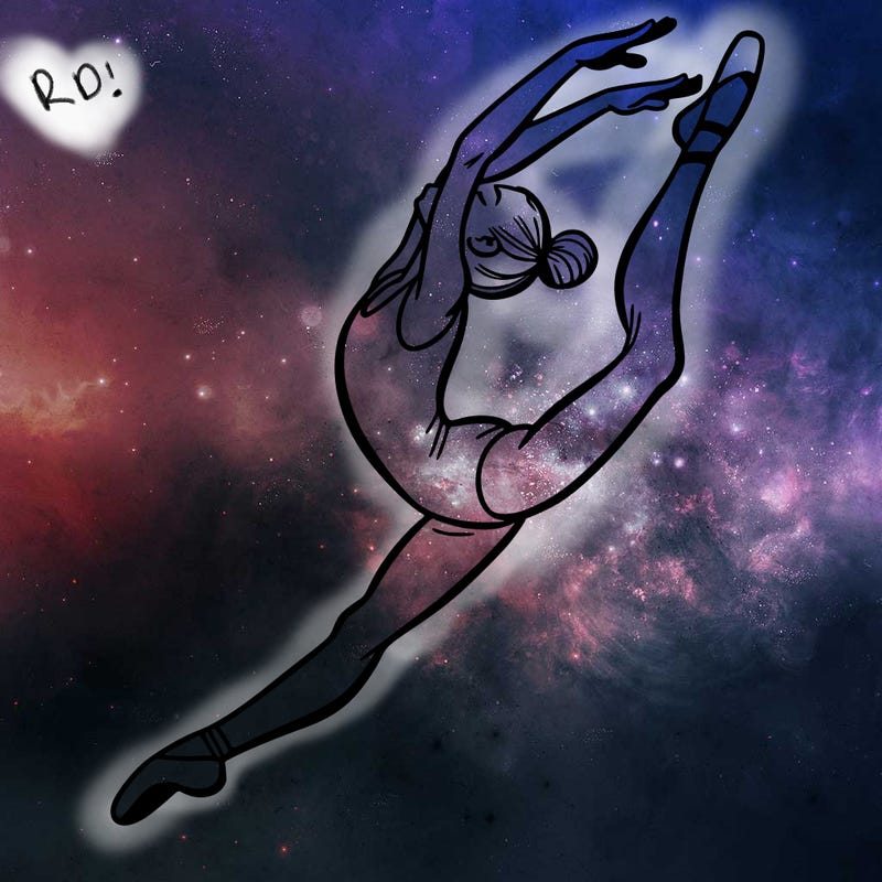 gymnast doing a leap in a leotard with a bent back leg