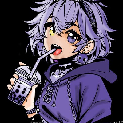 hot baddie anime girl drinking boba and biting the straw