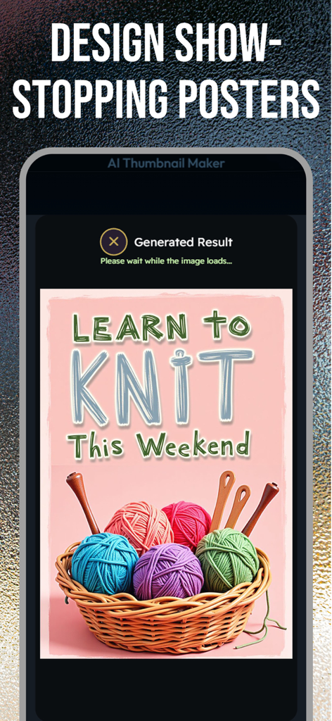 Thumbnail Maker: YT Studio Art - Pantalla de smartphone que muestra un póster generado por IA para una clase de tejido con ovillos de lana coloridos