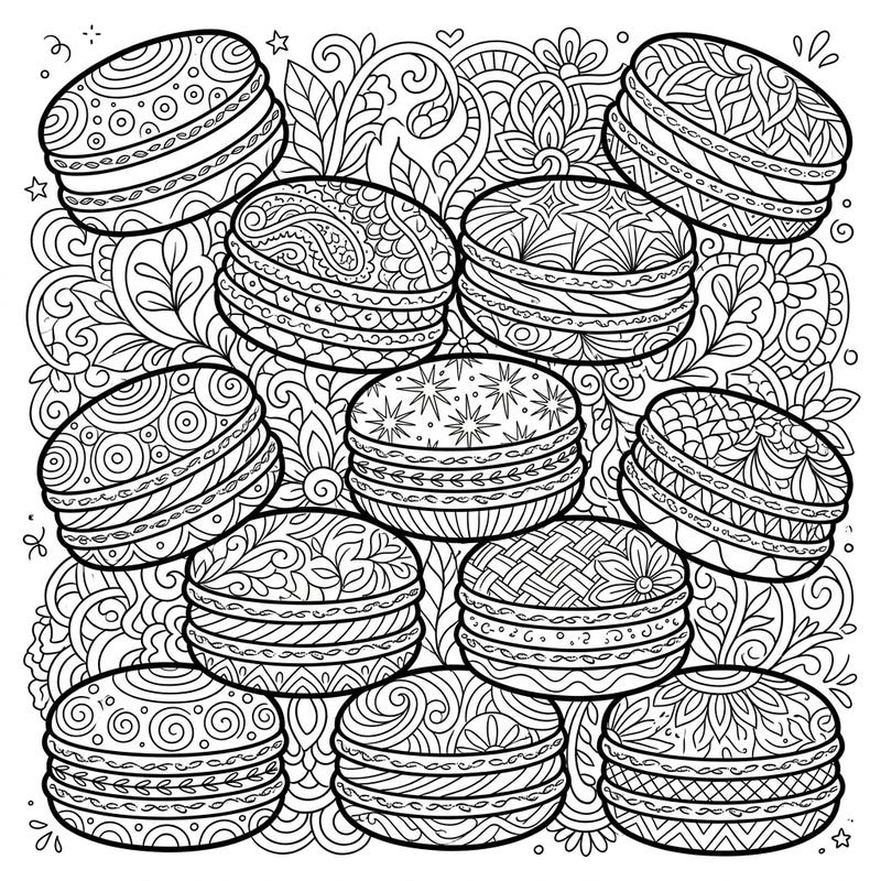 Immerse yourself in a delightful world of intricate patterns and delicious desserts with this Zentangle French Macarons coloring page. Each delicate cookie offers a unique artistic challenge, perfect for relaxing and unleashing your creativity.