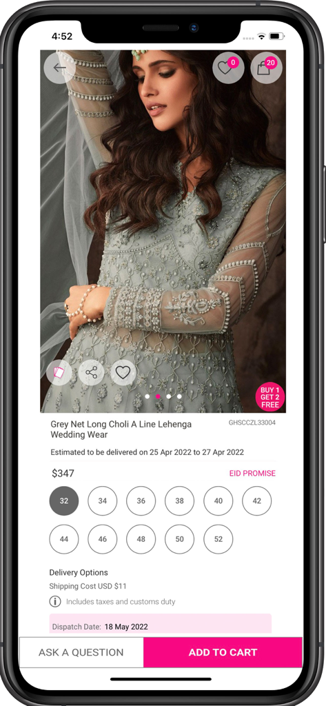 A product screen in the Cbazaar app displaying a grey net long choli A line lehenga for wedding wear with size selection and add to cart options