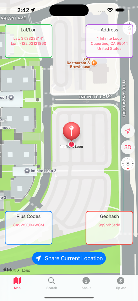 The Location App - Screenshot of The Location App showing map view with latitude longitude address plus codes and geohash information for 1 Infinite Loop