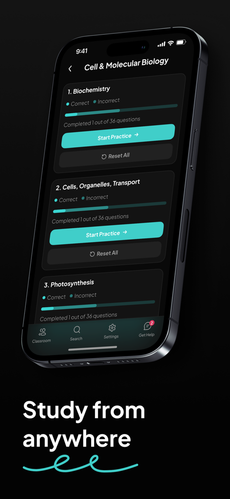 Booster Prep - Interface of the Booster Prep mobile app showing biology practice modules for dental and optometry exam preparation.