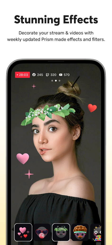 PRISM: Live Streaming App - A woman using an AR flower crown filter and heart effects during a live broadcast