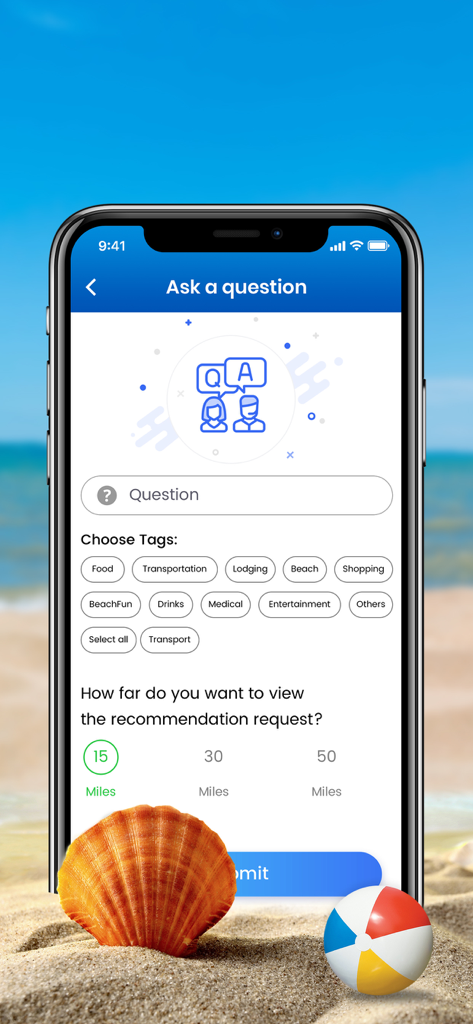 Beach Bums - Pantalla de preguntas de la comunidad de la aplicación Beach Bums con etiquetas de categoría y filtro de distancia