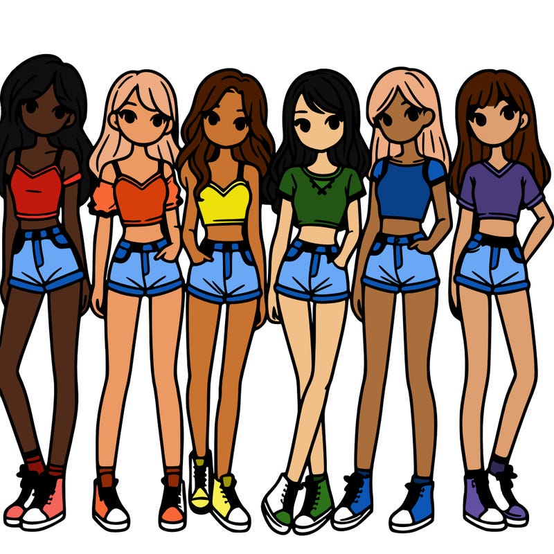 a group of girls wearing crop tops and shorts