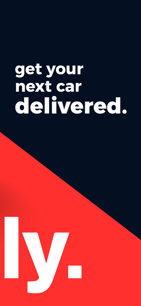 Promotional screen for the Carly app featuring the slogan get your next car delivered on a red and dark blue background