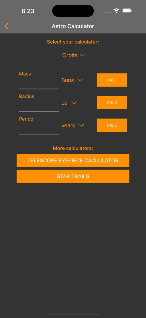 Astro Calculator screen showing orbital calculations telescope eyepiece tool and star trails settings