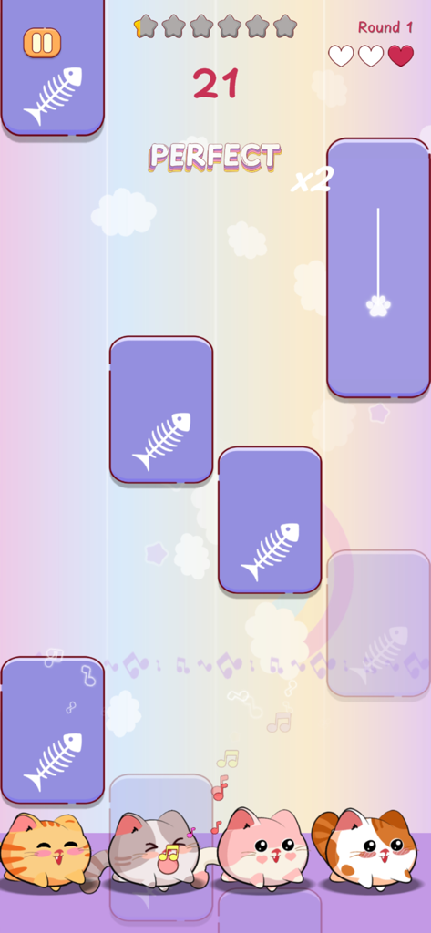 Cats Tiles - 可愛いカートゥーン猫と紫色の魚の骨タイルが表示されたキャッツタイルのリズムゲーム画面。